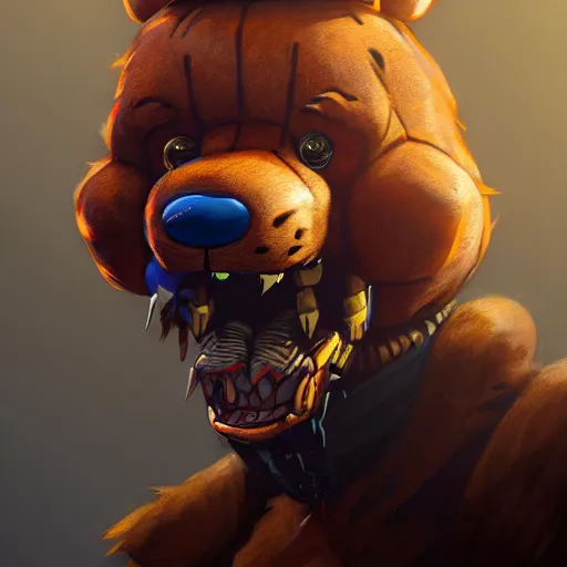 Image similar to commission of freddy fazbear,realistic,hyperdetailed,photorealistic,detailed face,art by greg rutkowski,trevor henderson,ross tran,artstation,deviantart,4k,estern comic style,sharp lineart,professional lighting,professional shading