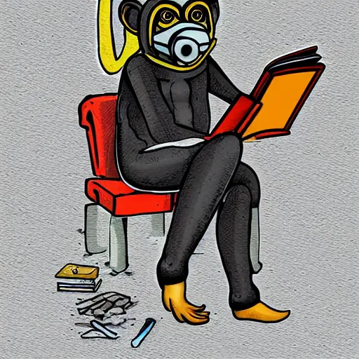 Image similar to a single Monkey reading a book, wearing a gas mask, graffiti, edge to edge, solid color background intricate, highly detailed, smooth, sharp focus, detailed face and body, high contrast