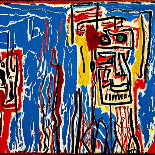 Prompt: beautiful seascape in the summer. when i met you in the summer to my heartbeat sound we fell in love as the leaves turned brown and we can be together baby as long as skies are blue. bluesky beautiful scene by Jean-Michel Basquiat by Jean-Claude Dubuffet