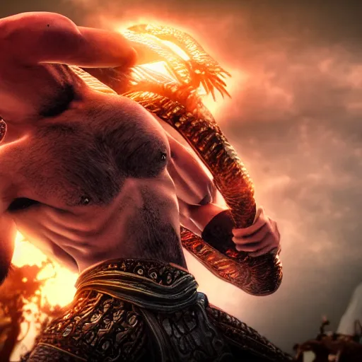 Prompt: kratos fighting quetzalcoatl, 4 k cinematic render