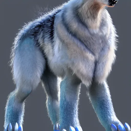 Image similar to 3 d render, well toned, large and tall, female anthropomorphic wolf with a short muzzle, blue scales and fur with white spots and wings on her back, icey blue dress, furr covering her chest.