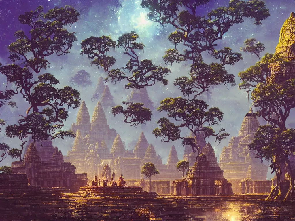 Prompt: a distant cyberpunk angkor wat, sky, portals, sparkling, reflecting pool, robots, ancient trees by paul lehr, jesper ejsing