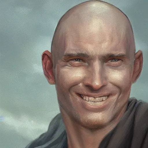 Image similar to a head - on detailed oil portrait of a round - faced bald male monk with a friendly smile, by charlie bowater, lise deharme, wlop, trending on artstation, dungeon and dragons art, critical role