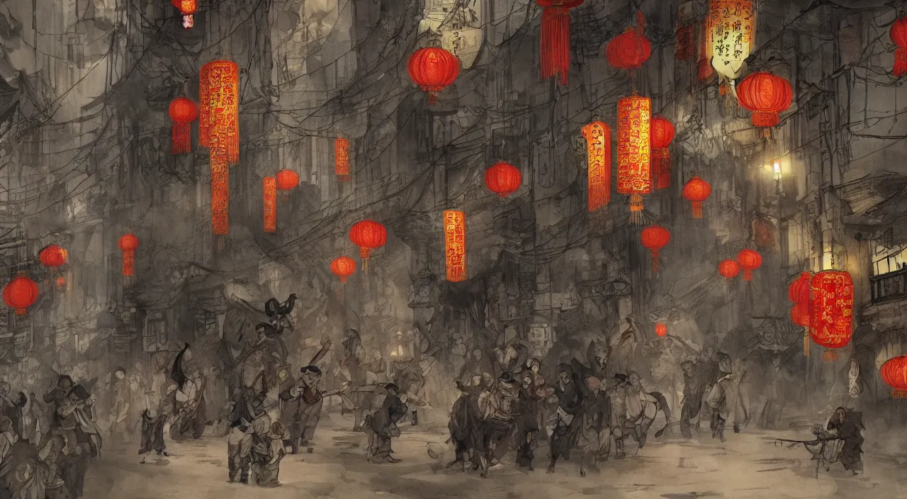 Image similar to on the night of the chinese new year's day, many chinese ghosts wander in the ancient chinese streets. the guiding line composition method, the tindal effect, the soft light, the cool color, by wu jinyuan, trending on artstation