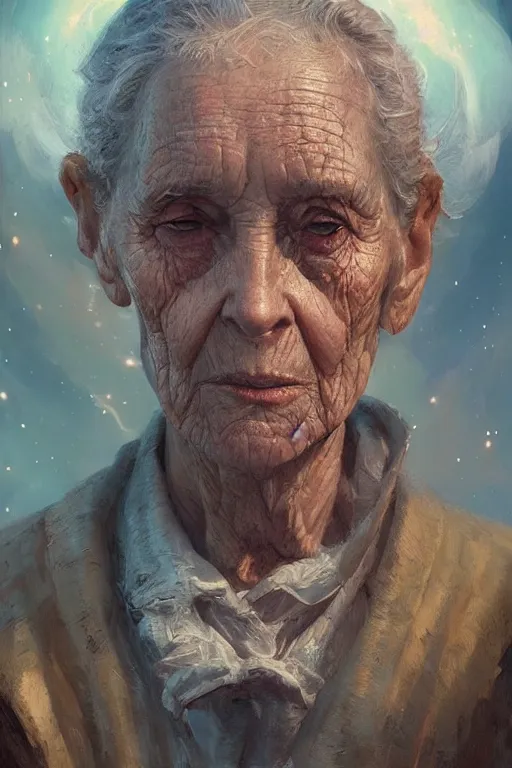 Image similar to the look of an elderly person 4 1 6 0 full of wrinkles and imperfections by artgem and greg rutkowski, highly detailed, high contrast, light reflection, trippy, nebula, trending on artstation