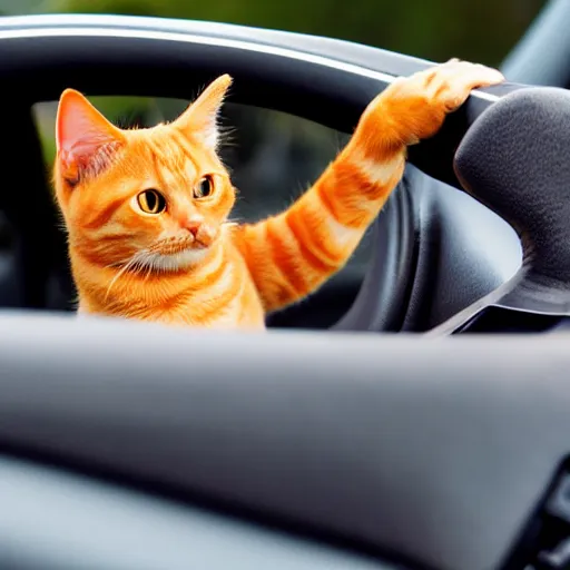 Image similar to an anthropomorphic orange tabby cat driving a car, his paws are on the steering wheel