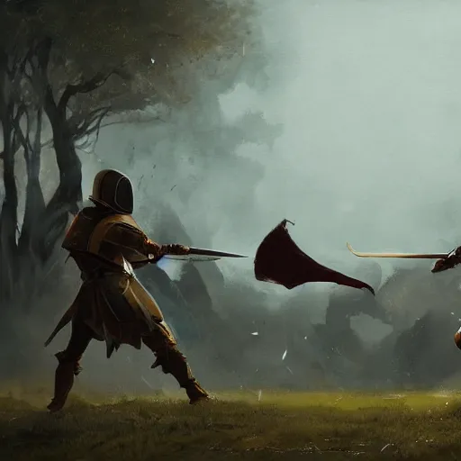 Image similar to A fierce duel between two knights on a battlefield, by Greg Rutkowski, cinematic