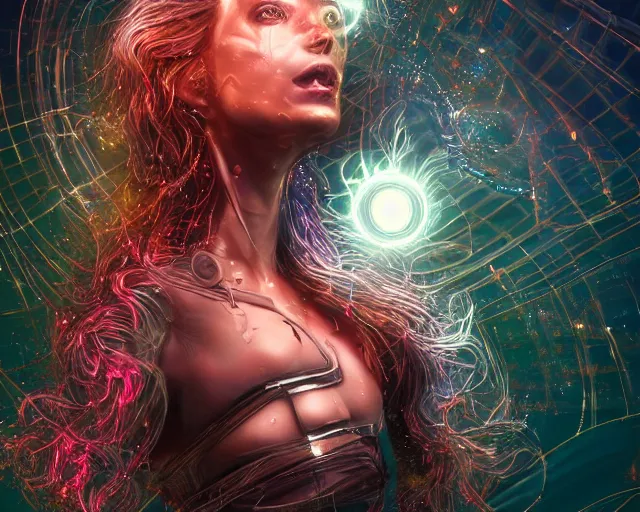 Image similar to realistic textured magnetosphere, hairy handsome girls, love, joy, complex cybernetic beings, glowing hair, vortexes, large array, ornate hair, cinematic light shadows, wet hdr refractions, insanely detailed rendering, artstation, 8 k, * * * * *