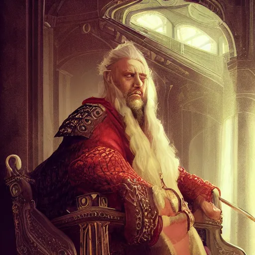 Prompt: A portrait of an old medieval king, weary, sitting on his throne, Charlie Bowater art style, digital fantasy portrait