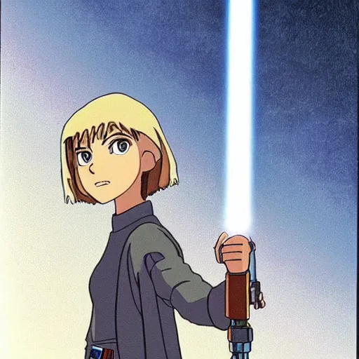 Prompt: a young jedi woman holding a lightsaber, from studio ghibli's star wars anime, sci - fi, animation