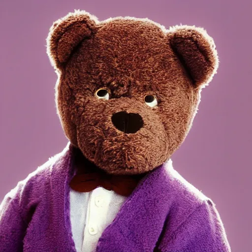 Image similar to Portrait studio photograph of Kanye West in foreground, close up, anthropomorphic teddy bear in background, shallow depth of field, Lomochrome Purple XR 100-400, 40mm