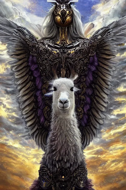 Image similar to A beautiful fierce llama angel with wings, wearing metal battle armor and a flaming sword, among heavenly sunlit clouds, symmetric, winged, close-up, intricate anthro llama portrait, elegant, digital llama painting, golden hour photo, cinematic, trending on artstation, anthro concept art, smooth, sharp focus, llama, illustration, art by artgerm and Greg Rutkowski and Alphonse Mucha, daily deviation, llama llama, anthro art masterpiece