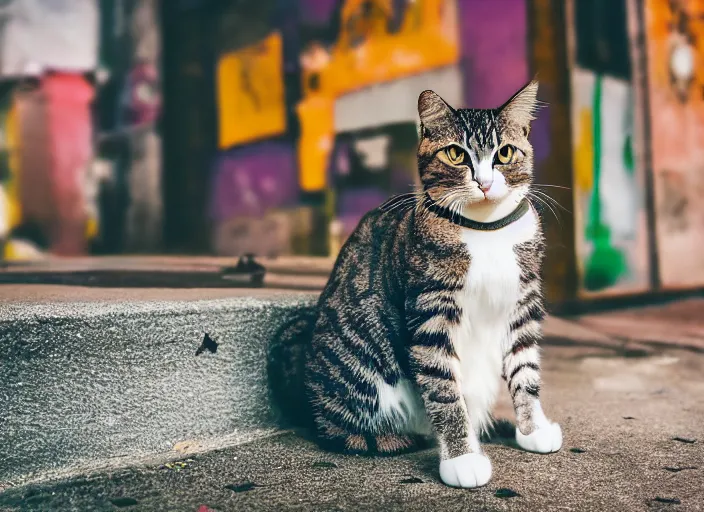 Image similar to photography of a Cat sitting on a box. in a cyberpunk street, award winning photo, colors, 100mm, sharp, high res