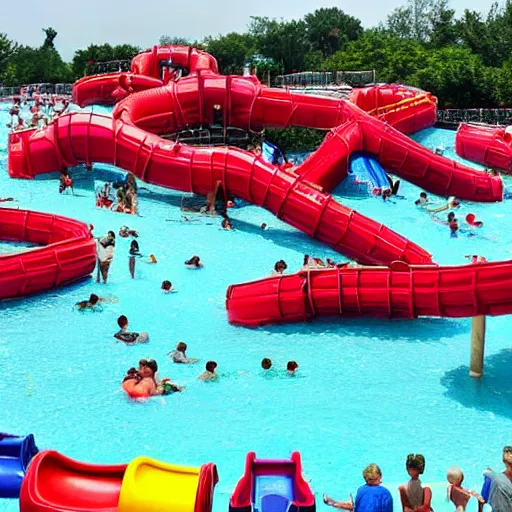 Prompt: the ugliest 1 star waterpark in the world with red dark water filled with trash, cracked broken slides, crowded,