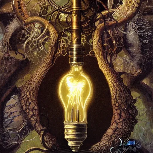 Image similar to light bulb extremely detailed painting by Gerald Brom and Ernst Haeckel and Greg Rutkowski
