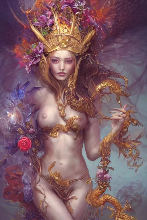 Image similar to beautiful girl sorcerer covered with fire and golden dragon skin, cute fairy girl with crown of flowers in plants bikini covered with celtic rune tattoos, casting magic spell, angel, fantasy, magic the gathering, hyper detailed, 3 d render, hyper realistic detailed portrait, peter mohrbacher, wlop, ruan jia, luis royo