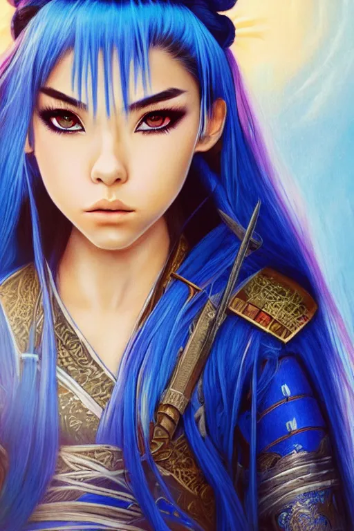 Prompt: highly detailed beautiful photo of madison beer as a young female samurai, swinging her sword, symmetrical face, beautiful eyes, cobalt blue hair, realistic anime art style, 8 k, award winning photo, pastels colours, action photography, 1 / 1 2 5 shutter speed, sunrise lighting