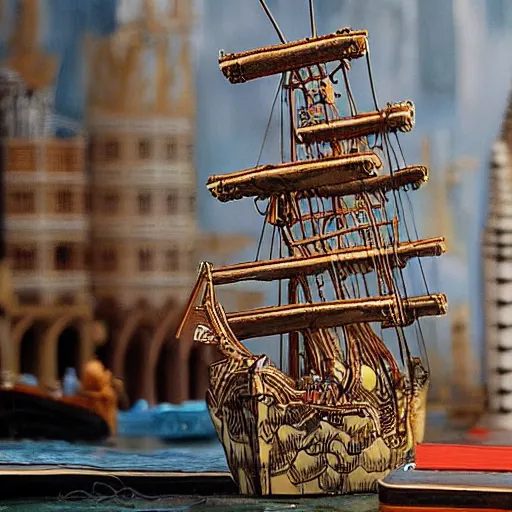 Prompt: by ed roth stormy. a installation art of a tall ship sailing through a cityscape. the ship is adorned with intricate details, while the cityscape is filled with towering palaces & other grand buildings.