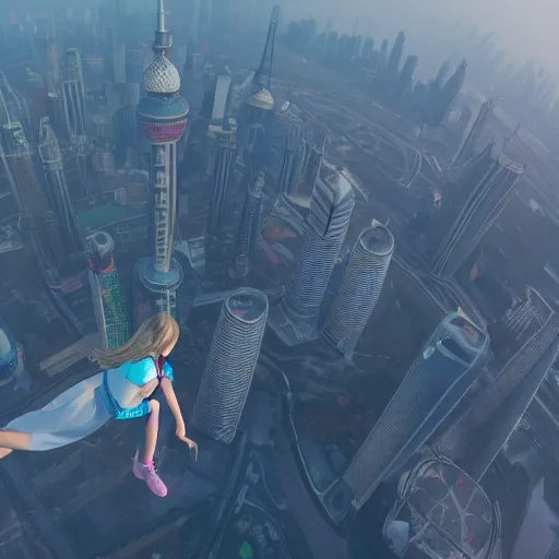 Image similar to a girl flying upon shanghai lujiazui, cityscape, cloud day, artstation, 8 k