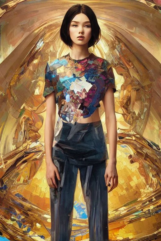 Image similar to an hyper intricate oil painting of gen z model wearing a fashion outfit with a clean t - shirt for mockups, full body ultra fashion model pose by vogue, excellent composition, by yoshitaka amano, by greg rutkowski, by alphonse mucha, by rhads, by ross tran, trending on artstation