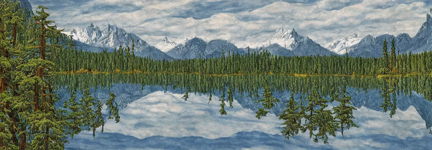 Prompt: escher painting of a lake, big trees reflecting on lake surface, mountains at background, snowy, ultra sharp, ultra detailed, uplifting emotion, colorized by salvador