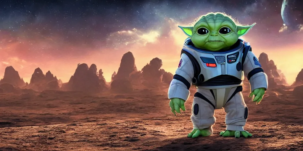 Image similar to a 3 d rendered movie still, wide - angle shot, 1 0 0 meter in the distance, baby yoda wearing a spacesuit, and exploring cosmos in a super awesome space ship. dramatic lighting, imax, 7 0 mm. science fiction blockbuster movie, buzz lightyear.
