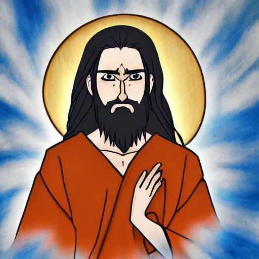 Image similar to anime drawing of jesus with a beard a white robe, goku fighting jesus