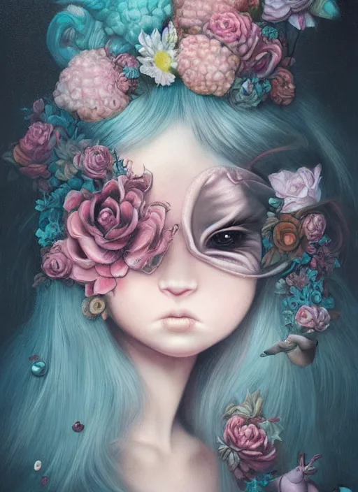 Image similar to pop surrealism, lowbrow art, realistic cute girl painting, japanese street fashion, hyper realism, muted colours, rococo, natalie shau, loreta lux, tom bagshaw, mark ryden, trevor brown style,