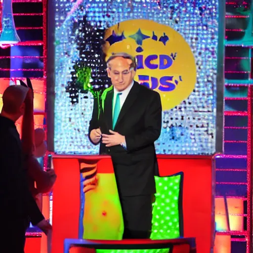 Image similar to benjamin netanyahu getting slimed at the kid's choice awards, sharp focus, highly detailed