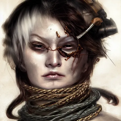 Image similar to portrait of a Shibari rope wrapped face and neck, headshot, insanely nice professional hair style, dramatic hair color, digital painting, of a old 17th century, old cyborg merchant, amber jewels, baroque, ornate clothing, scifi, realistic, hyperdetailed, chiaroscuro, concept art, art by Franz Hals and Jon Foster and Ayami Kojima and Amano and Karol Bak,