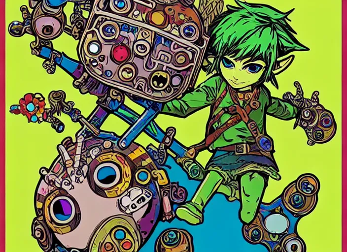 Image similar to biopunk majoras mask link from zelda!! portrait illustration, pop art, splash painting, art by geof darrow, ashley wood, alphonse mucha, makoto shinkai