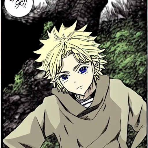 Prompt: fantasy blonde boy thief, vinland saga anime style