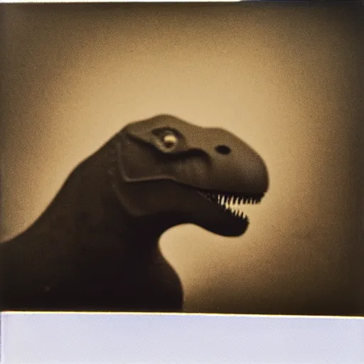 Prompt: last selfie of t - rex before comet hits the ground, polaroid, scratch and dust