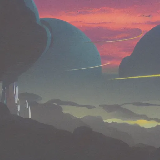 Prompt: sci - fi space landscape by studio ghibli, matte painting, high contrast