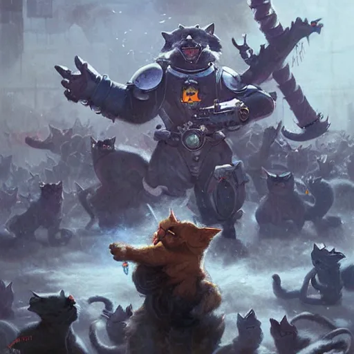 Image similar to cat trainer man commanding army of cats, warhammer 4 0 k by greg rutkowski