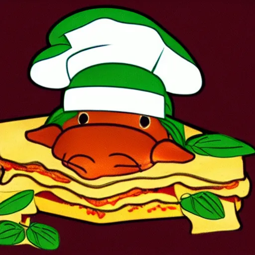 Image similar to cute platypus wearing a chef hat and holding a lasagna with three basil leaves over the lasagna, pixar style, ultradetailed, 3 d