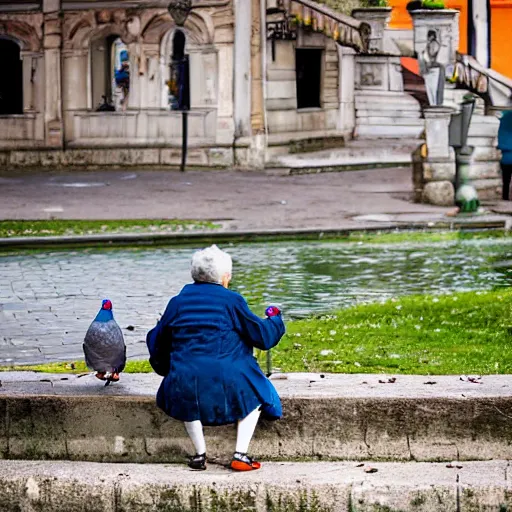 Prompt: An elderly woman feeding pigeons in Tivoli park in Ljubljana, professional photography