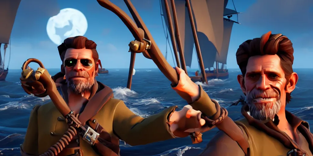 Image similar to selfie of willem dafoe as a sea of thieves character, sea of thieves screenshot, storm, unreal engine, digital art