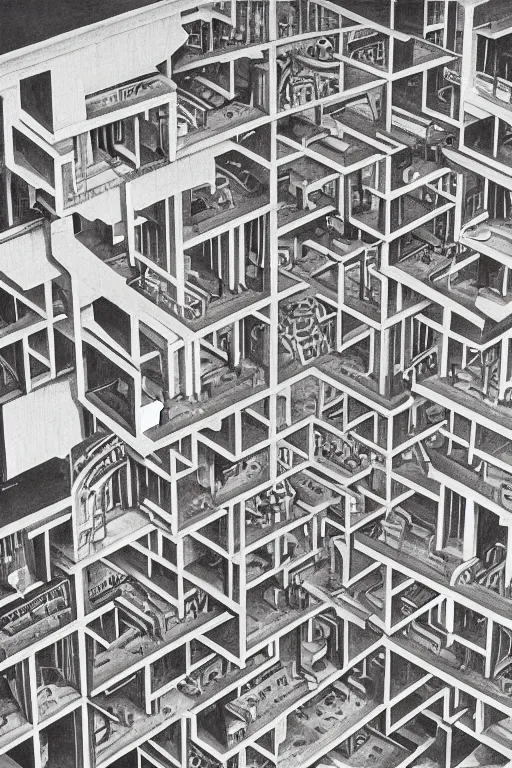 Prompt: A beautiful painting of Multistorey architectures seen from above by MC Escher.