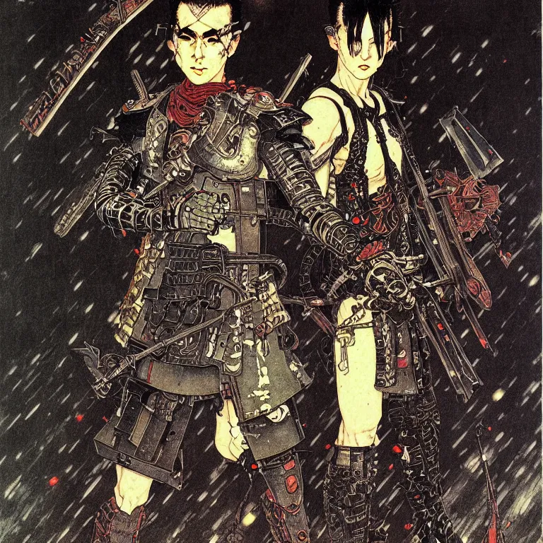 Prompt: cursed illustration of beautifully ominous cyberpunk warrior, manga style of kentaro mirua, by norman rockwell, weirdcore