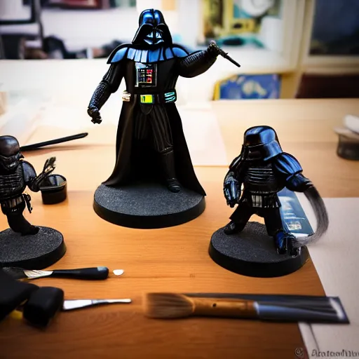 Image similar to large Darth Vader holding a paintbrush which diligently paints miniature figures of a space marine from Warhammer 40,000 at a table with a bright lamp, realism, depth of field, focus on darth vader,