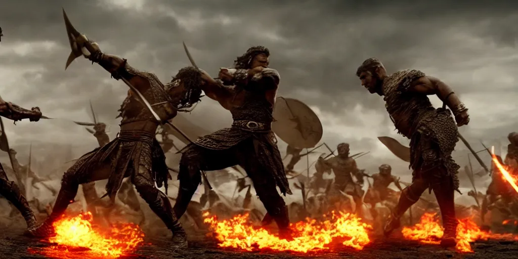 Image similar to epic battle screen of hero, film still from the movie'3 0 0'( 2 0 0 6 ), 3 d, 8 k realistic, cryengine, playstion 5 screen, cinematic lighting