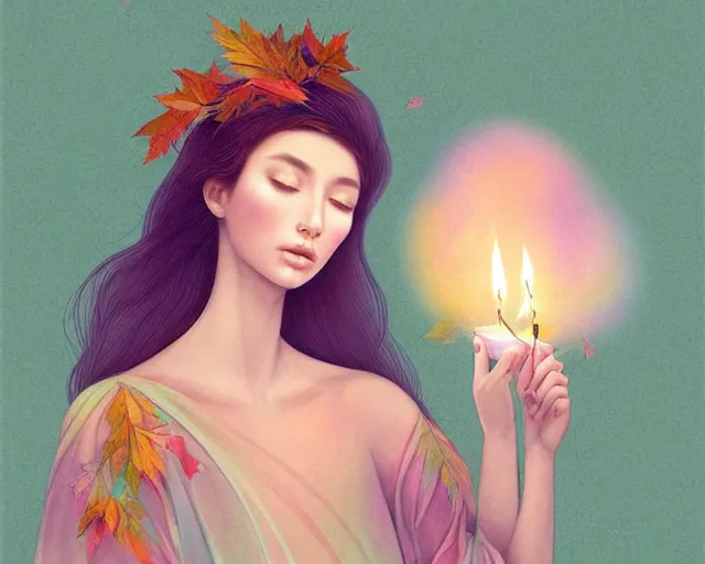 Image similar to highly detailed pastel colors of an ethereal moroccan beauty blowing a birthday candle, morphing into autumn leaves, by artgerm and hsiao - ron cheng, smooth composition, fine patterns and detail