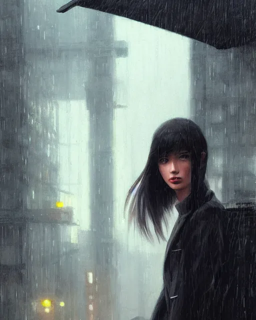 Prompt: A ultradetailed beautiful portrait panting of an assassin girl standing in the rain, Oil painting, by Ilya Kuvshinov, Greg Rutkowski and Makoto Shinkai