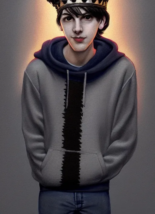 Image similar to portrait of teenage jughead jones wearing a light grey crown, photorealistic, crown, eyes closed, crown, black hair, sweater with letter s on it, letter s, intricate, elegant, glowing lights, highly detailed, digital painting, artstation, concept art, smooth, sharp focus, illustration, art by wlop, mars ravelo and greg rutkowski