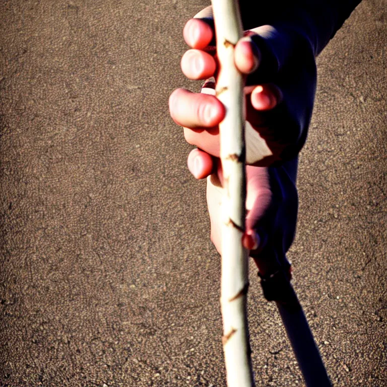 Prompt: High definition photo. Close-up of a beautiful hand holding a white stick.