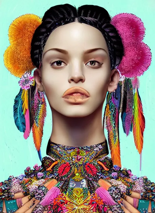 Image similar to beautiful portrait of a super model wearing fantastic dress,embellished beaded feather decorative fringe knots ,colorful pigtail,subtropical flowers and plants,perfect symmetrica body shape,symmetrical face,intricate,elegant,highly detailed,8k,post-processing,digital painting,trending on pinterest,harper's bazaar,concept art, sharp focus, illustration, by artgerm,Tom Bagshaw,Lawrence Alma-Tadema,greg rutkowski,Alphonse Mucha,golden ratio