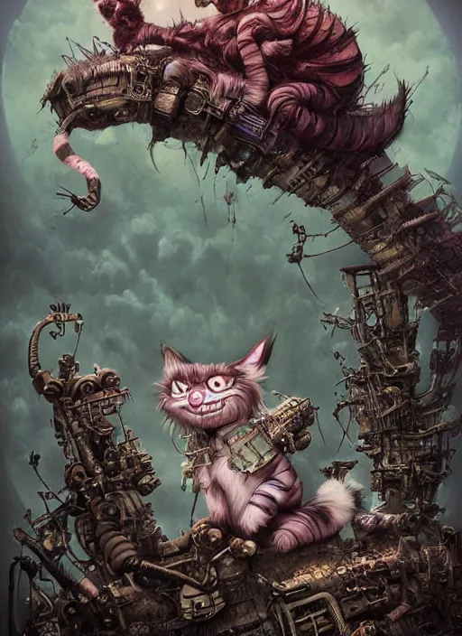 Image similar to cheshire cat, dieselpunk style, highly detailed, cinematic, 8 k, by megan duncanson, benjamin lacombe, adrian borda, stanley artgermm, tom bagshaw, craig mullins, carne griffiths, ayami kojima, beksinski, giger, trending on deviantart, hyper detailed, horror, full of colour