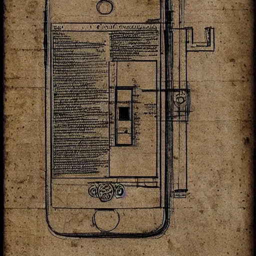 Image similar to blueprint of an iphone by leonardo da vinci