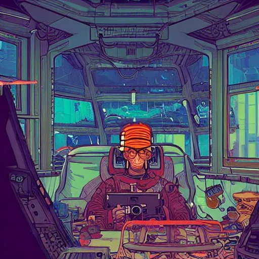 Image similar to Stunningly intricate illustration of an explorer playing video games in his treehouse, wearing cyberpunk headpiece, highly detailed, midnight, by Josan Gonzalez and James Gilleard , Moebius, Laurie Greasley